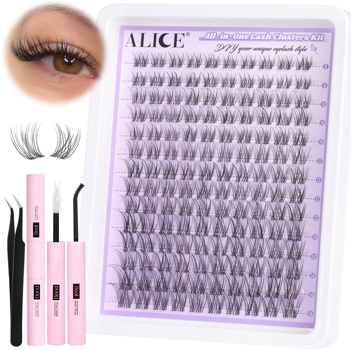ALICE Lash Clusters Kit natural wispy lashes 8-16mm for subtle daily enhancement.