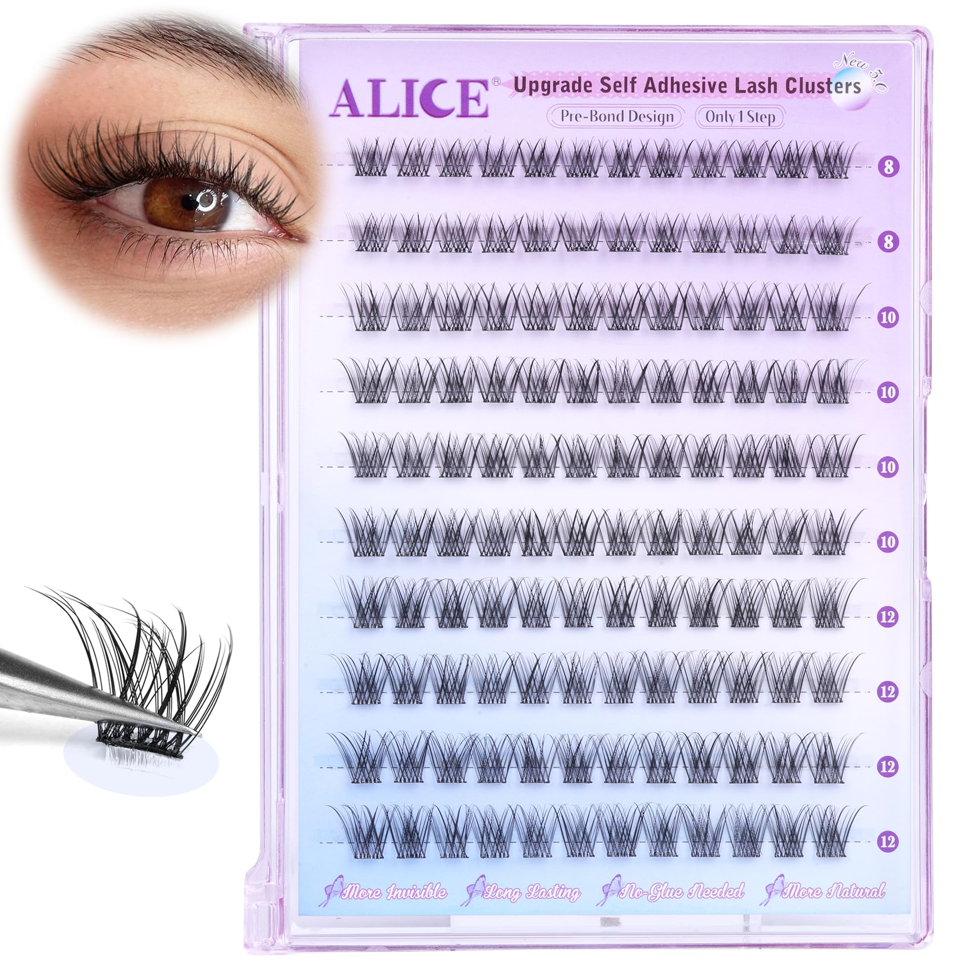 ALICE self-adhesive 8-12mm lashes offer easy, mess-free wear.