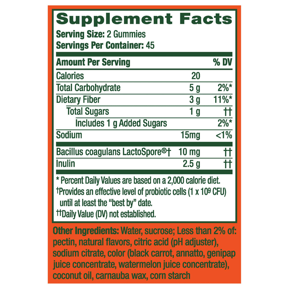 Align DualBiotic bottle back panel, health-friendly ingredients like inulin and Bacillus Coagulans.