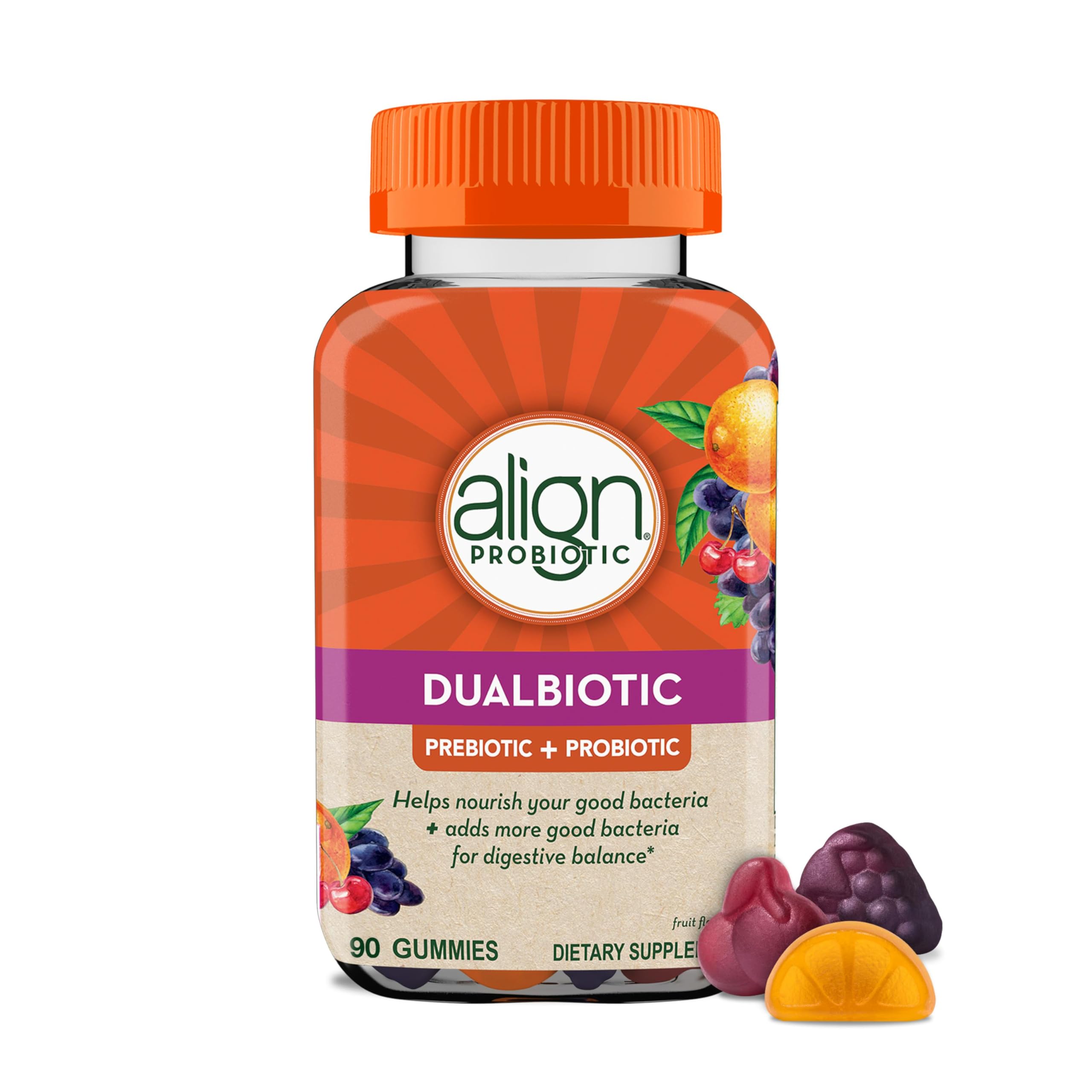 Align DualBiotic bottle front, convenient daily gummies for digestive wellness.