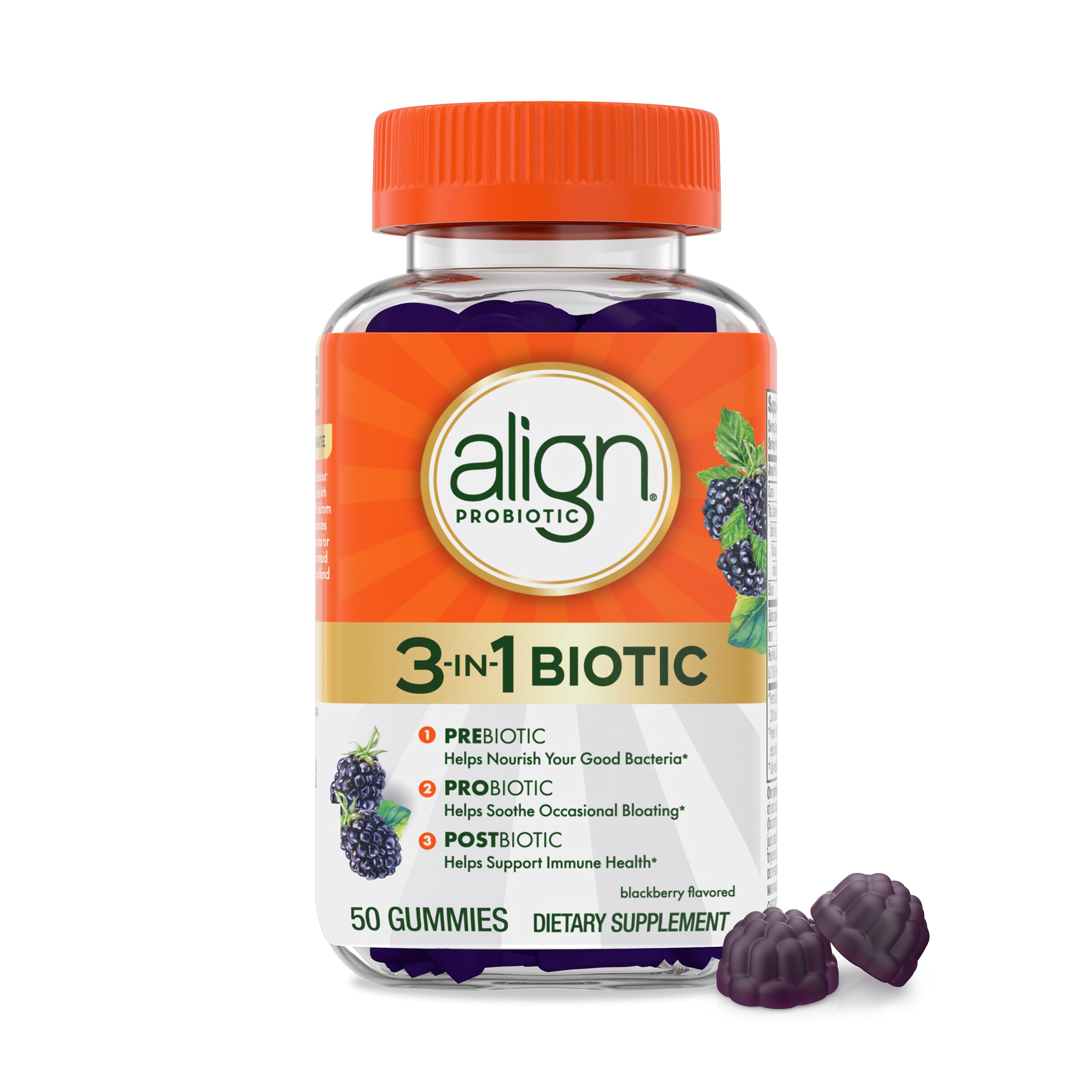 Align Probiotic 3-in-1 Biotic Gummies blackberry bottle supporting daily gut comfort