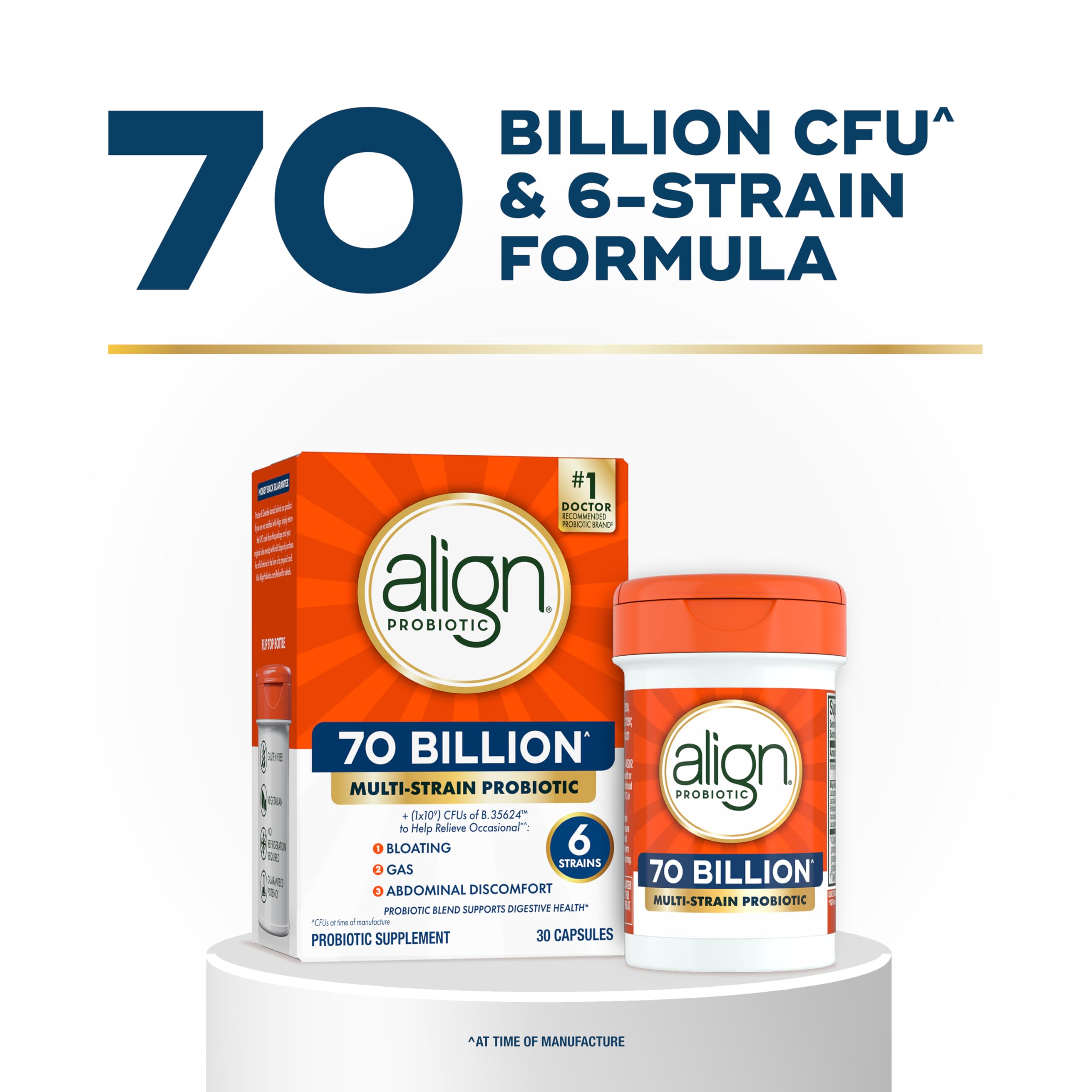 Align Probiotic 70 Billion bottle label closeup showing key ingredients