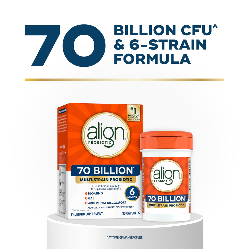 Align Probiotic 70 Billion bottle label closeup showing key ingredients