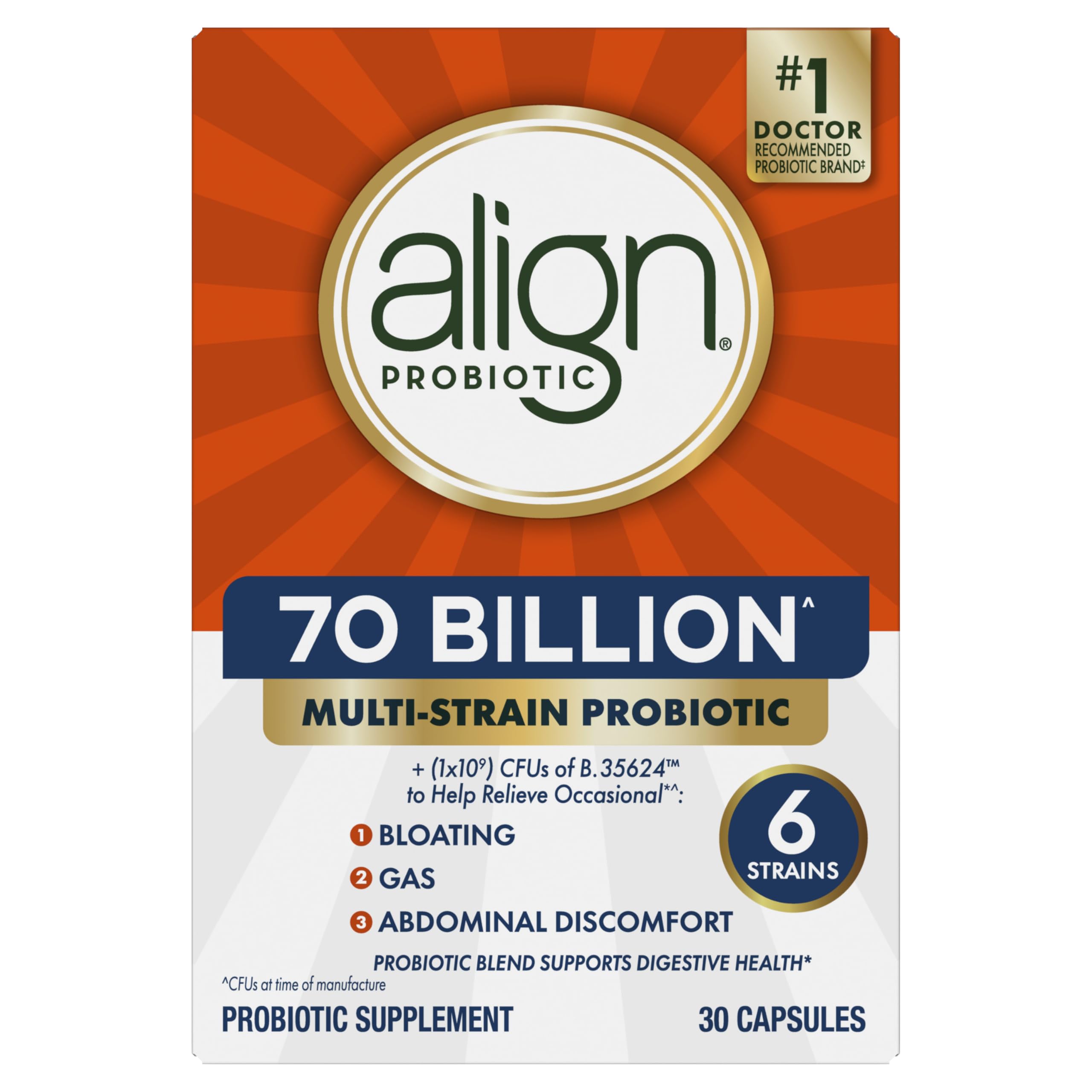 Align Probiotic 70 Billion wellness benefits visual suggesting bloating relief