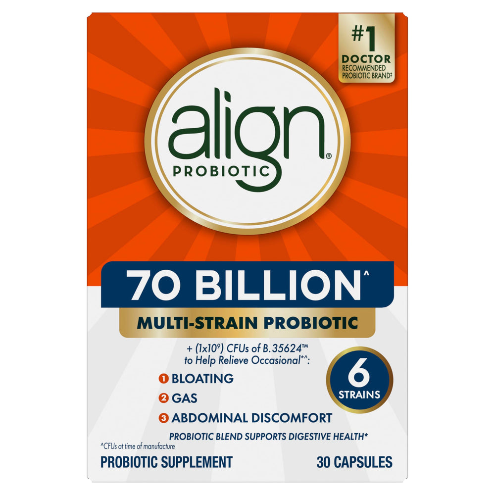 Align Probiotic 70 Billion wellness benefits visual suggesting bloating relief