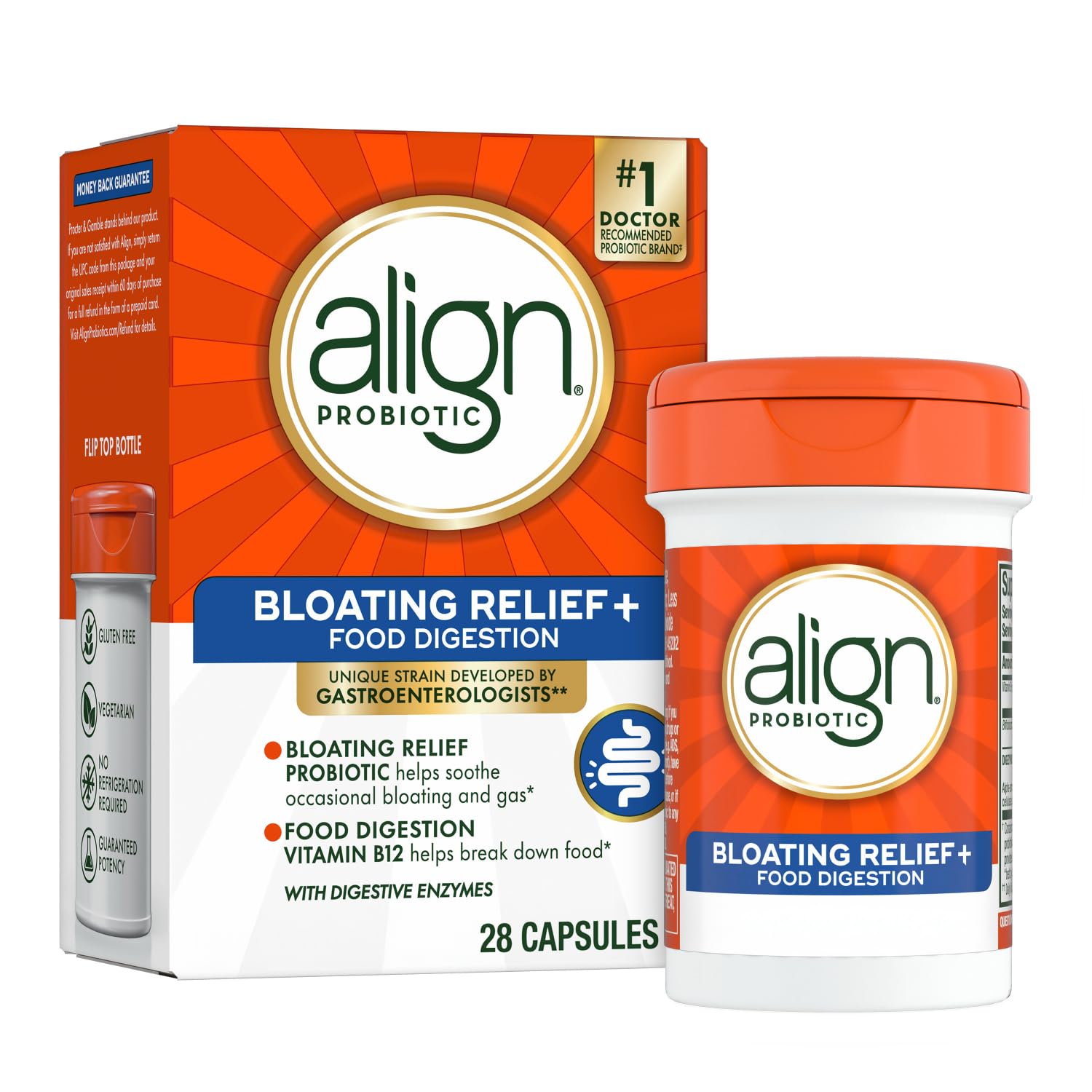 Align Probiotic Bloating Relief bottle pour shows convenient daily use and digestive support