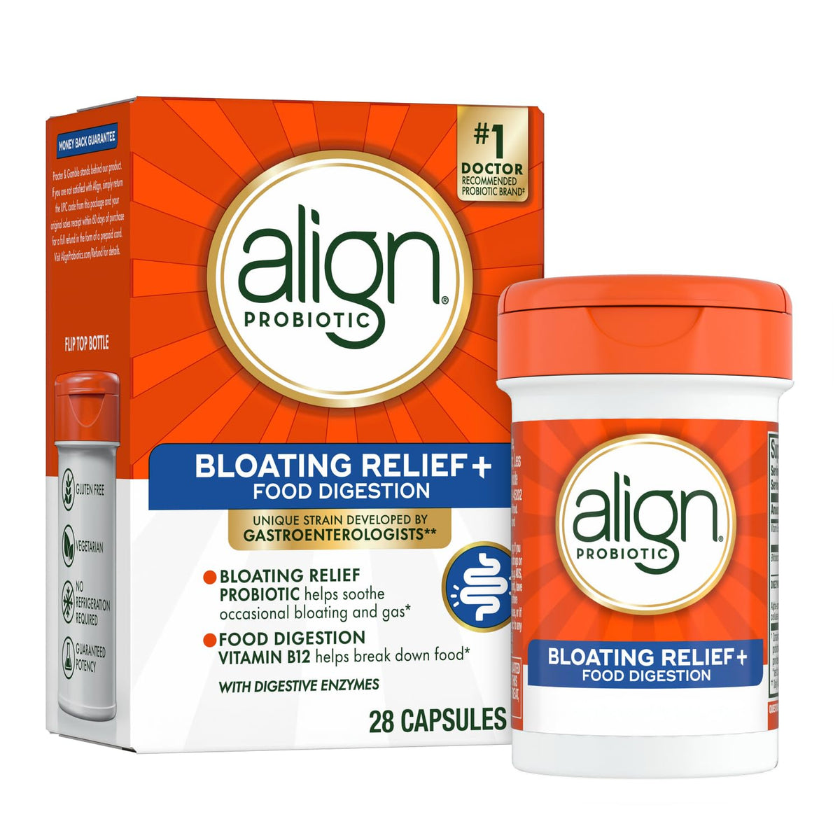 Align Probiotic Bloating Relief bottle pour shows convenient daily use and digestive support