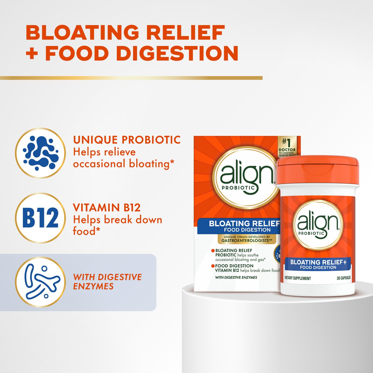 Align Probiotic Bloating Relief capsules close-up highlights easy daily use