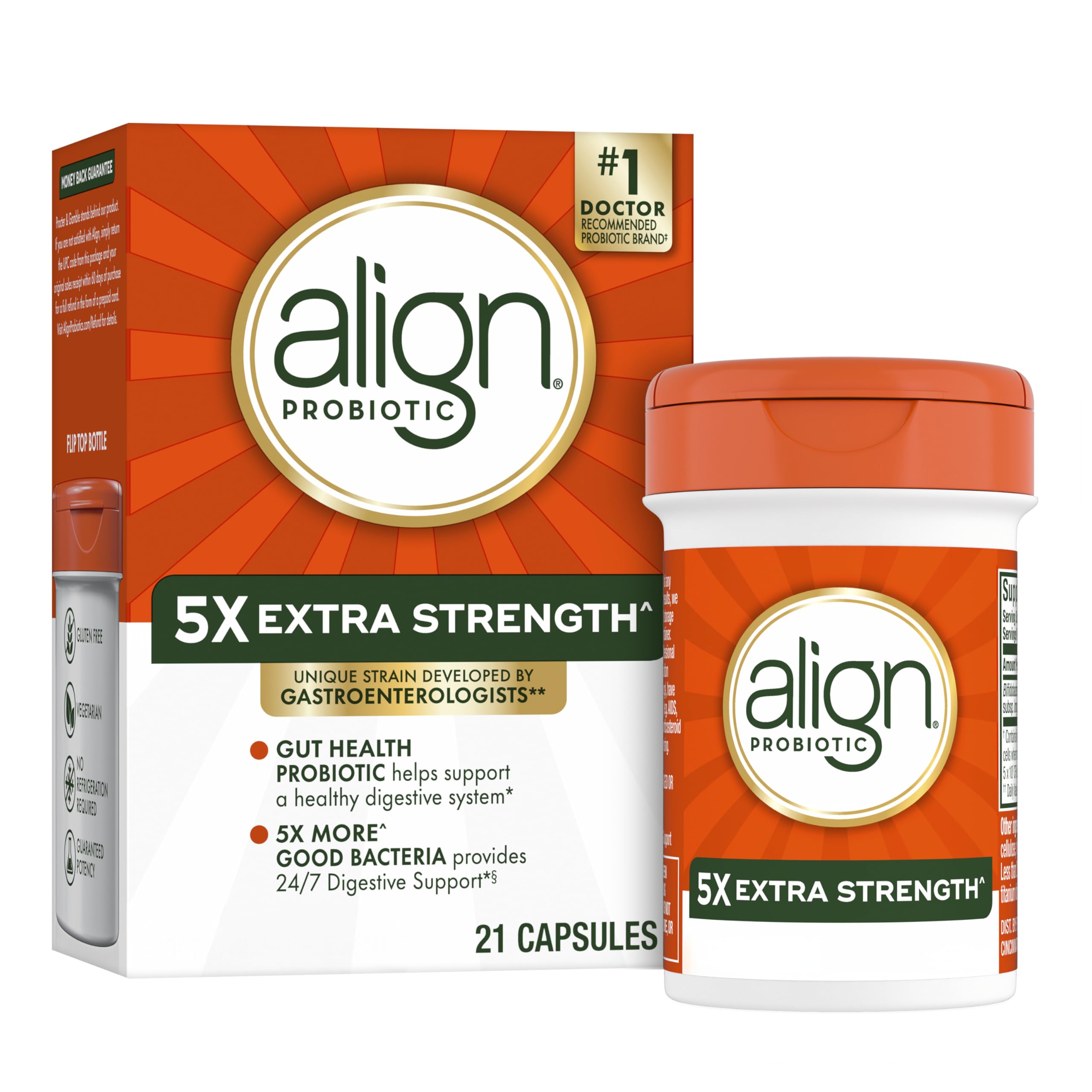 Align Probiotic Extra Strength bottle shows 5X probiotics for daily balance.