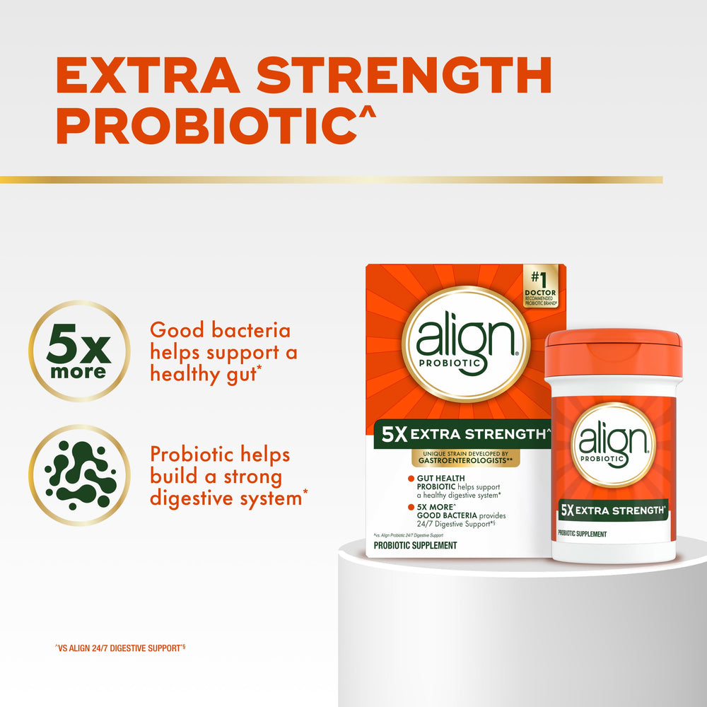 Close-up of Align Probiotic Extra Strength capsules ready to swallow.