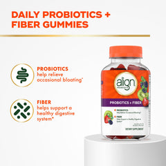 Align Probiotic + Fiber Gummies bottle side with flavor and fiber details for digestion