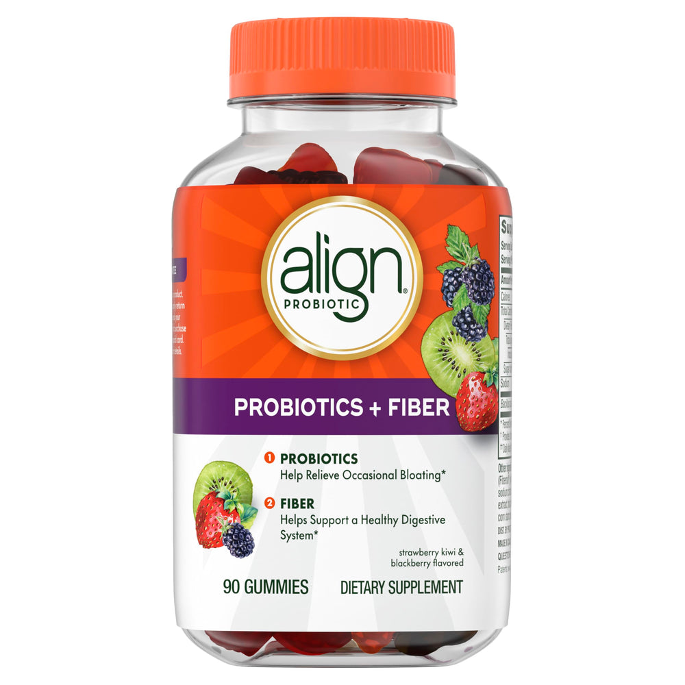 Align Probiotic + Fiber Gummies bottle on kitchen counter ready for daily routine