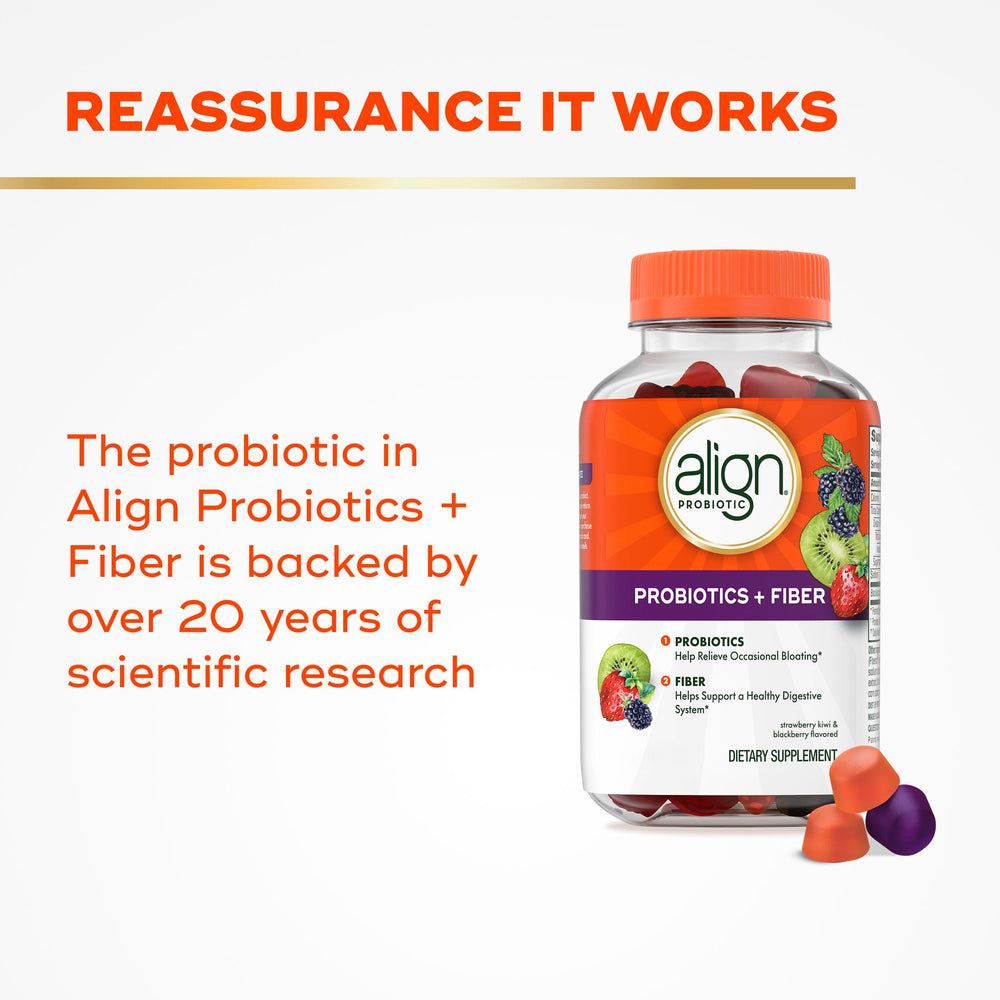 Align Probiotic + Fiber Gummies packaging back highlighting ingredients