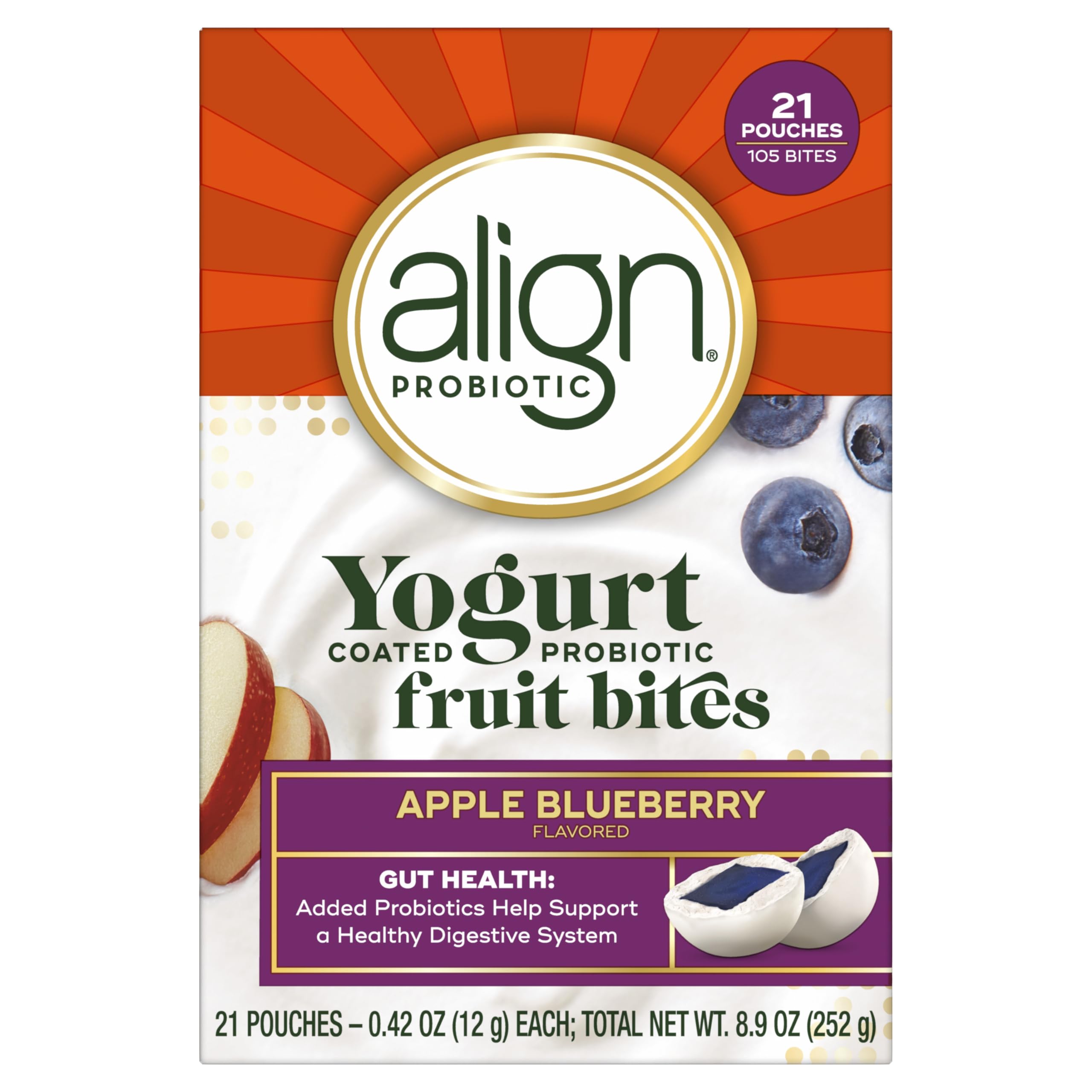Align Probiotic Yogurt Coated Fruit Bites apple blueberry on-the-go snack.