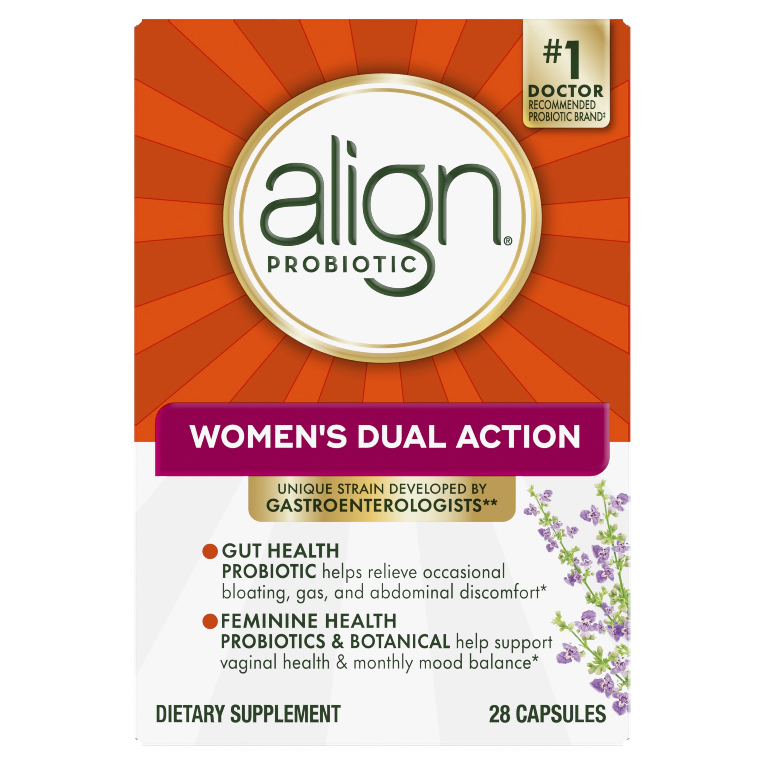 Align Probiotic Women's Dual Action branding close-up emphasizes trust and purity.