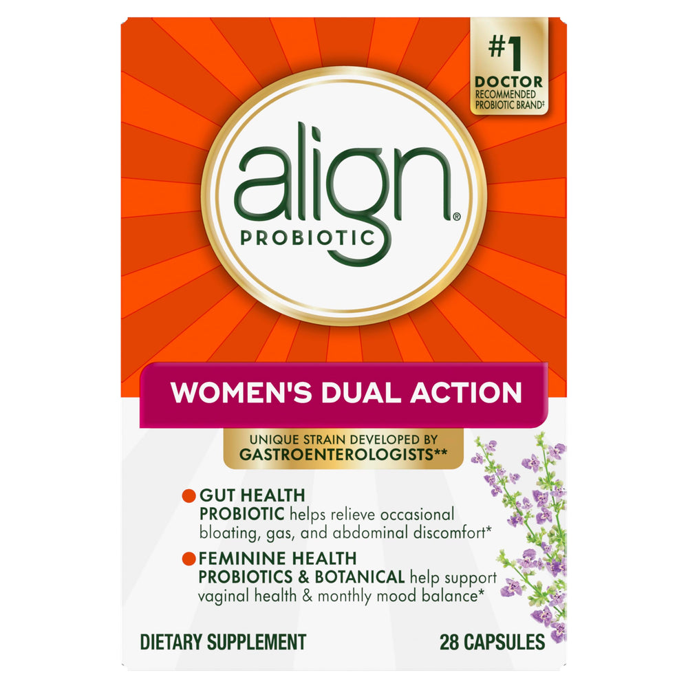 Align Probiotic Women's Dual Action branding close-up emphasizes trust and purity.