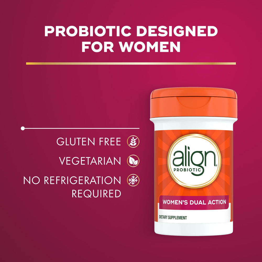 Align Probiotic Women's Dual Action label highlights Bifidobacterium 35624 and vaginal probiotics.