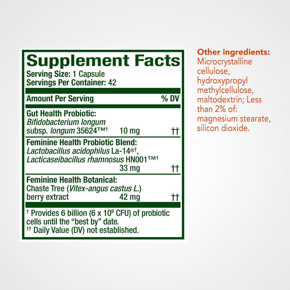 Align Probiotic Women’s Dual Action vaginal probiotics La-14 HN001 promote balance.
