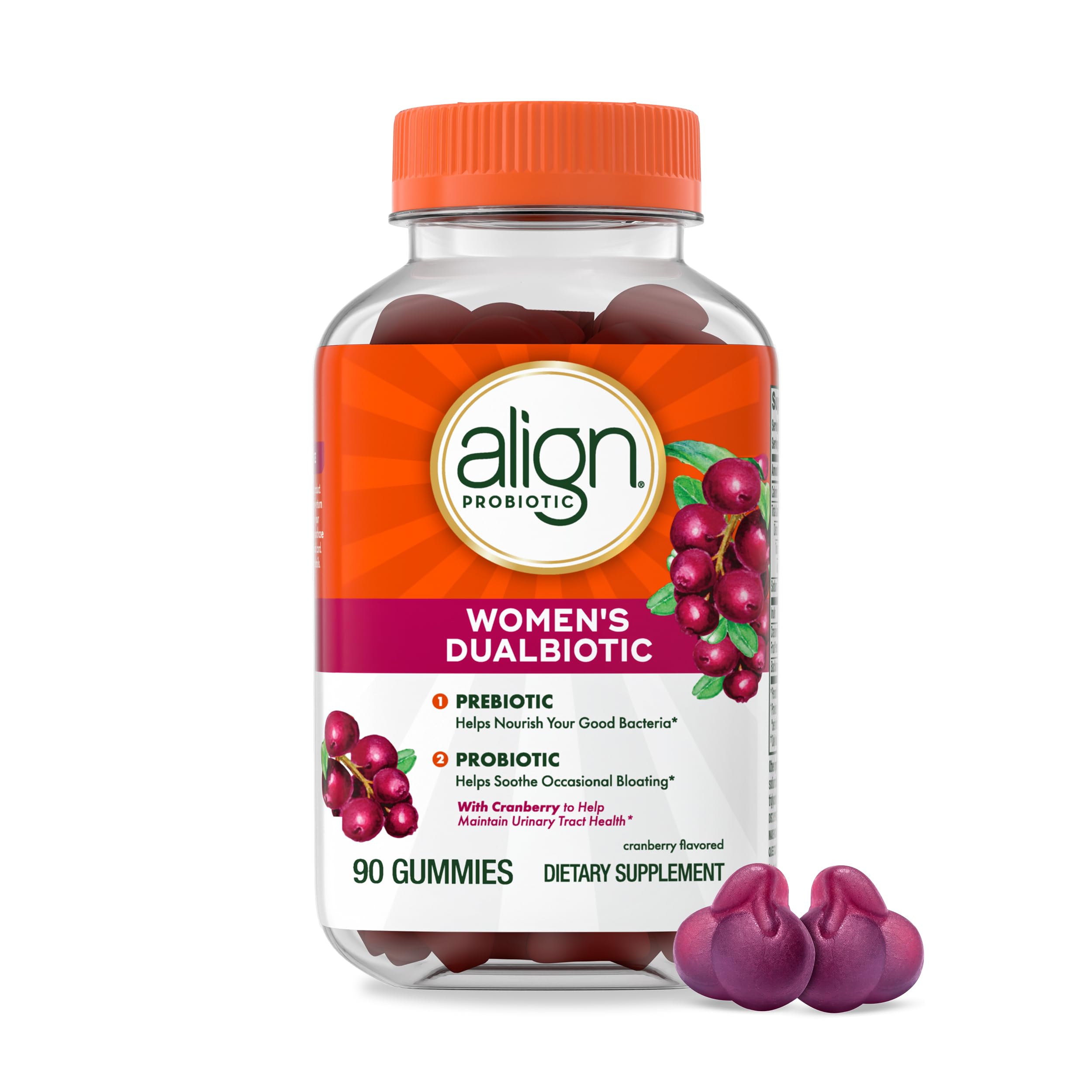 Align Probiotic Women's Dualbiotic Gummies bottle with cranberry for urinary health support
