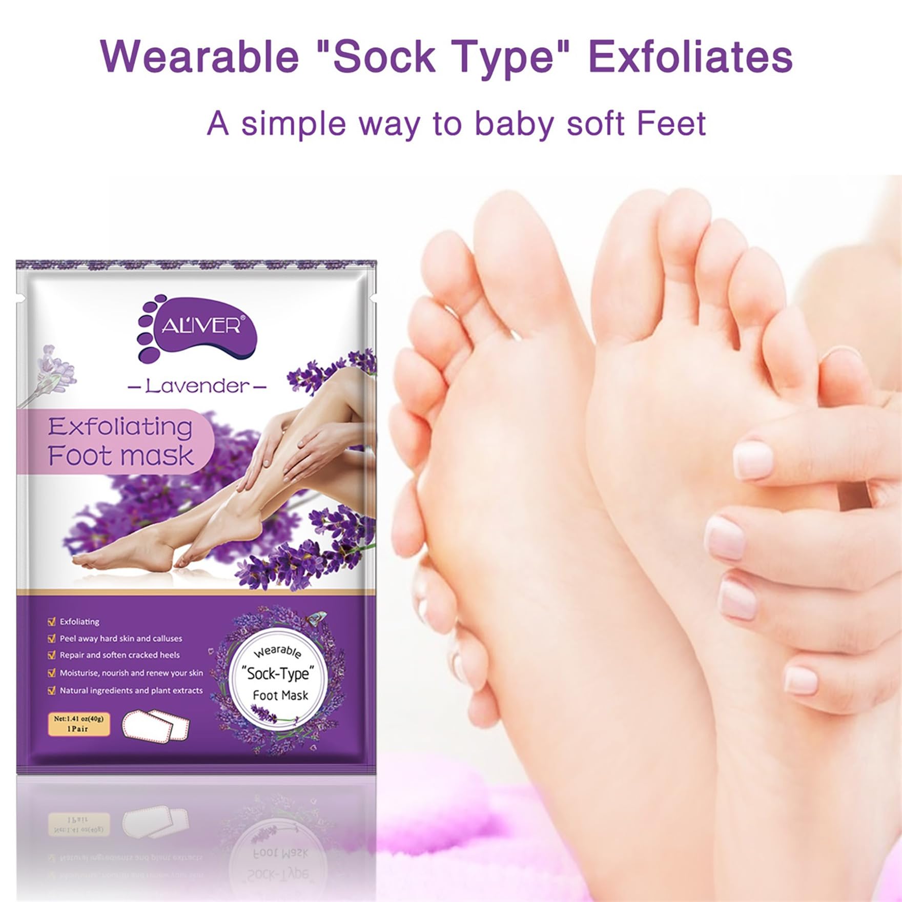 ALIVER Foot Peel Mask 3 Pack lavender scent close-up with aroma