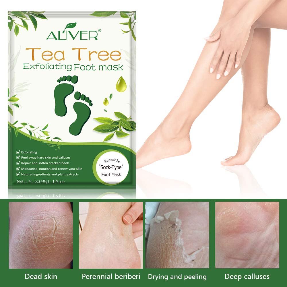 Applying ALIVER foot peel mask for at-home foot care routine.