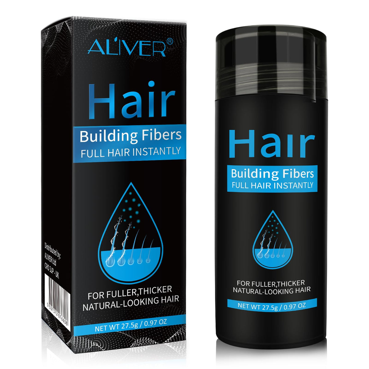 ALIVER hair fibers in a black jar close-up deliver natural-looking fullness instantly.