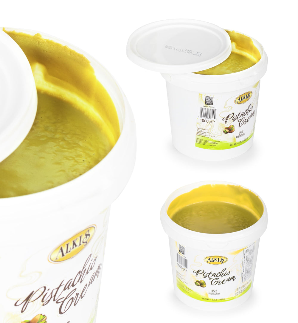 Alkis Pistachio Cream spoon swatch showing velvety texture for desserts