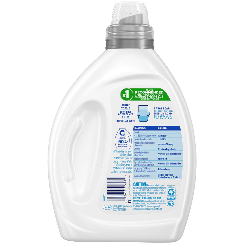 All Free Clear Original 50oz bottle on shelf, compatible with HE machines and cold water.