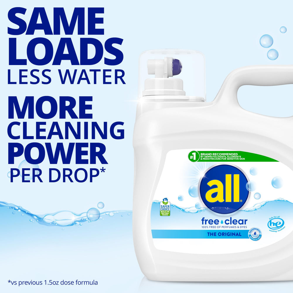 All Free Clear bottle in a laundry room, safe for HE machines.