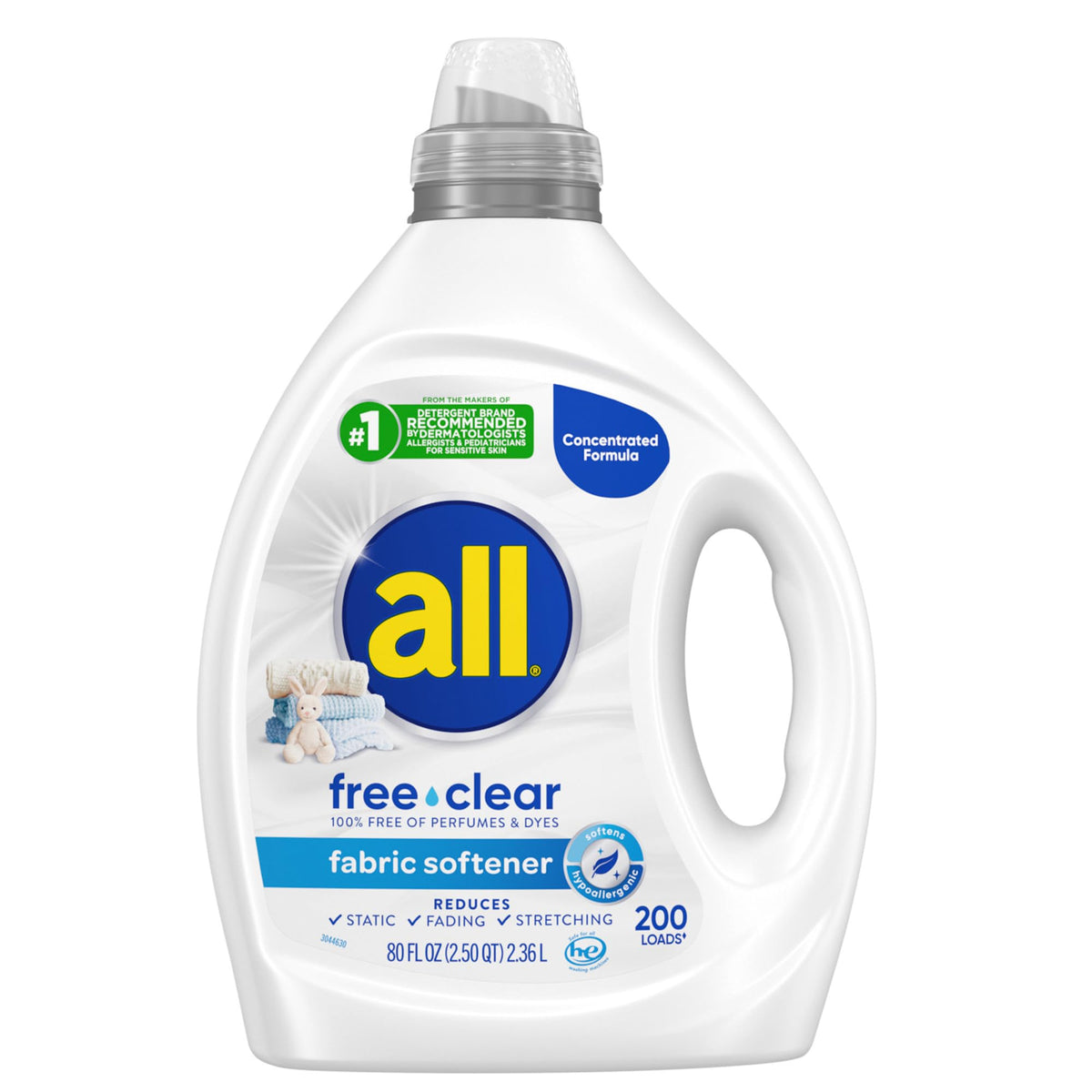 All Free Clear bottle pouring, fragrance-free softness for sensitive skin.