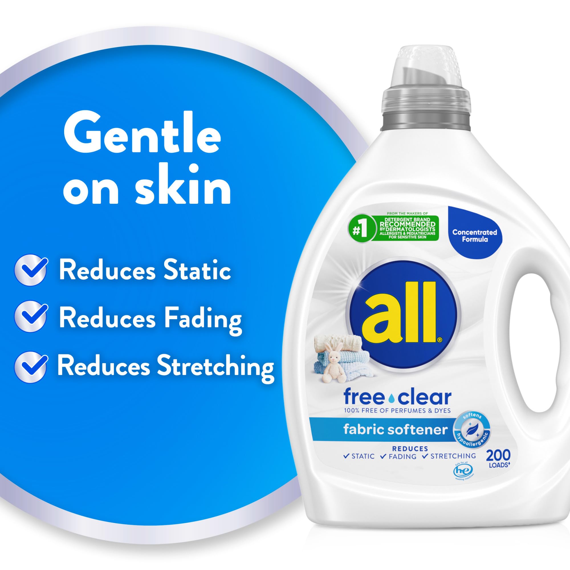Easy-pour cap enables controlled dispensing on All Free Clear bottle.