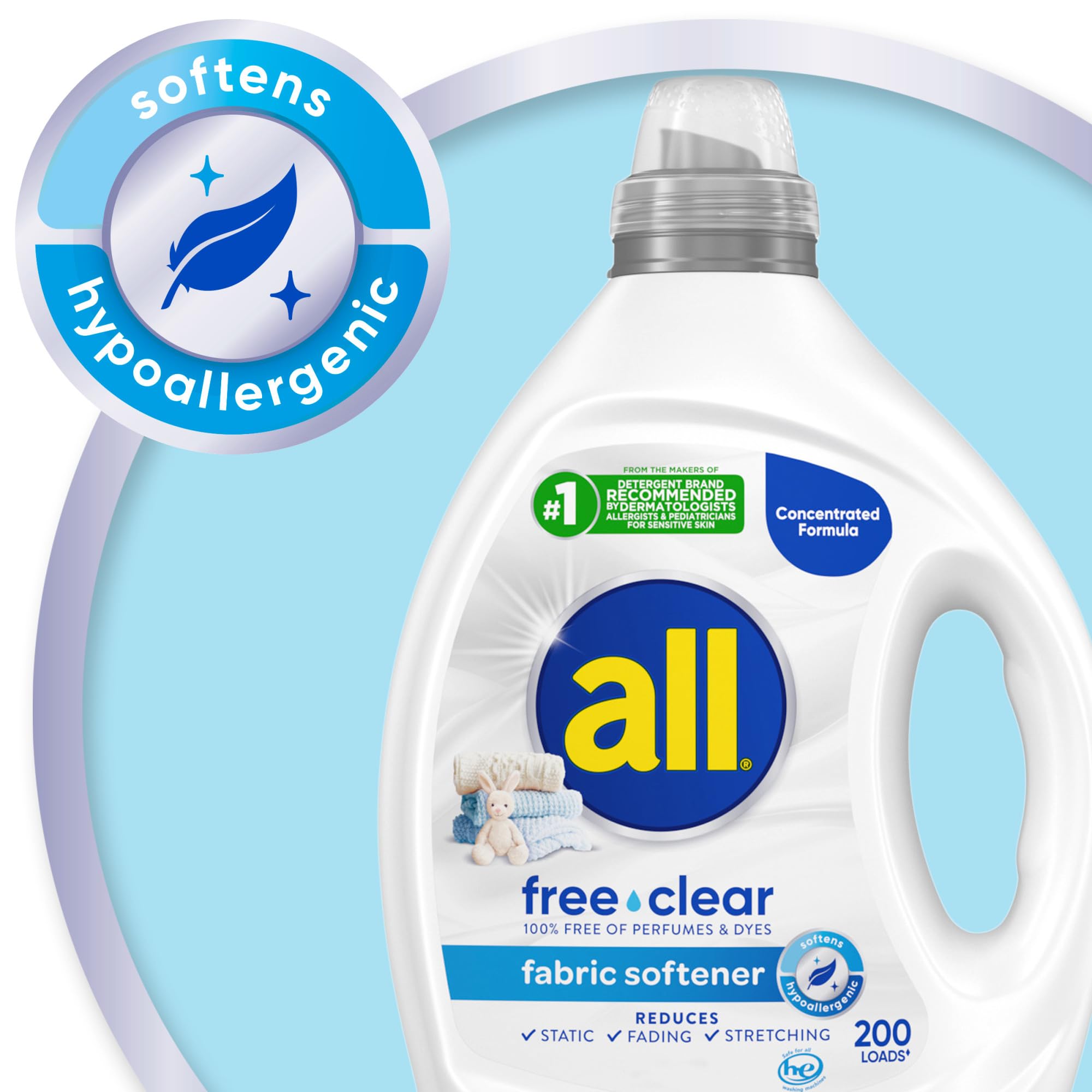 All Free Clear bottle showing eco-friendly 50% recycled material packaging.
