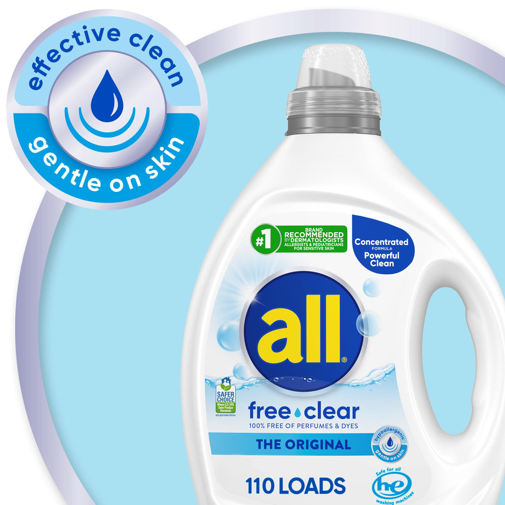 All free clear HE-compatible washer graphic demonstrates safe use in high-efficiency machines.