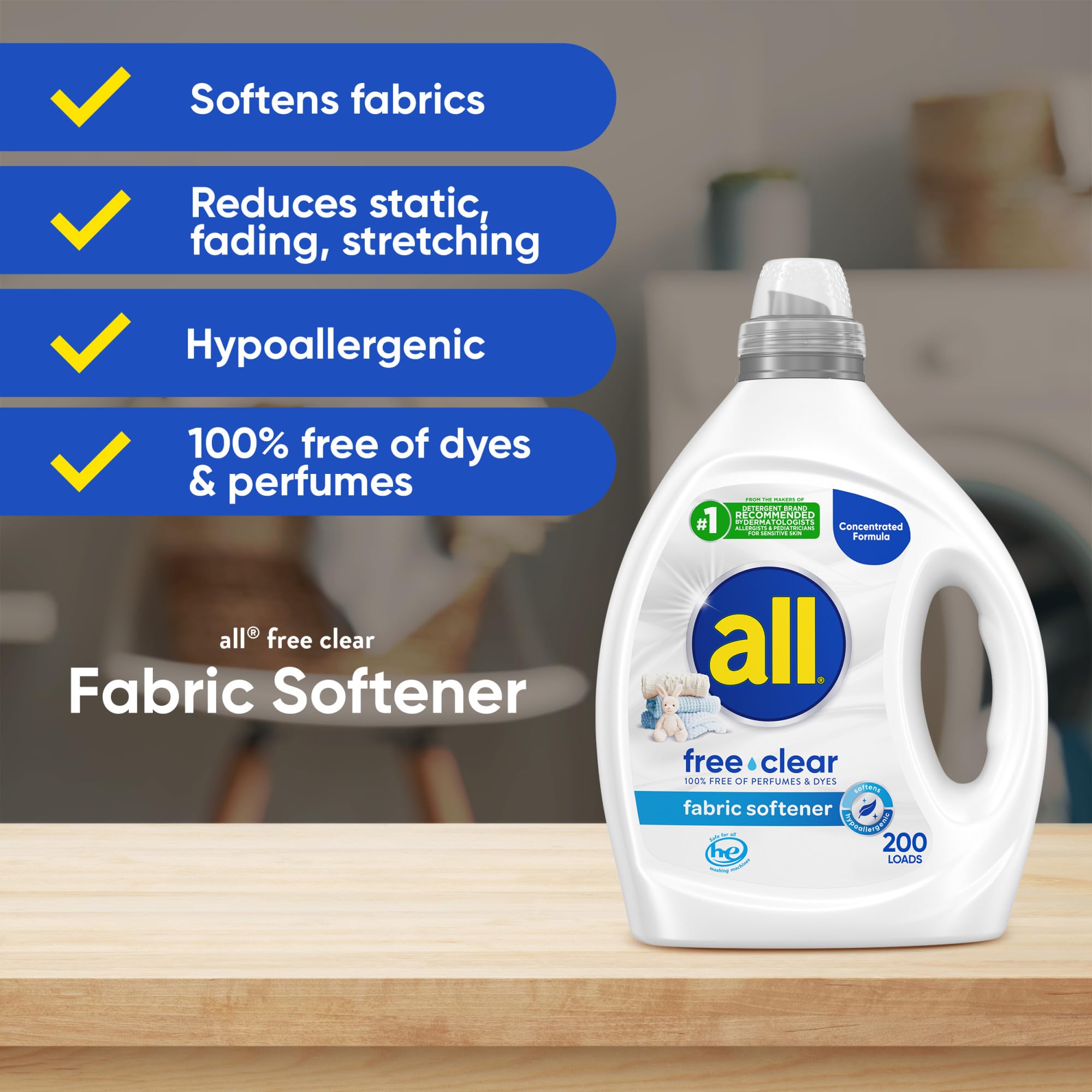 All Free Clear label highlights hypoallergenic, dye-free design for delicate fabrics.