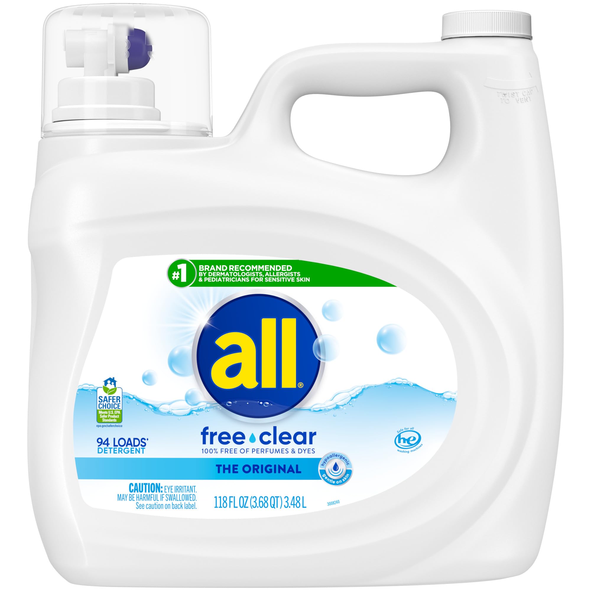 All Free Clear liquid detergent bottle showcasing fragrance-free formula gentle on sensitive skin.