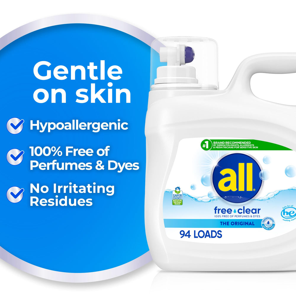 All Free Clear bottle being poured to illustrate easy dosing without perfumes.