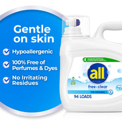 All Free Clear bottle being poured to illustrate easy dosing without perfumes.