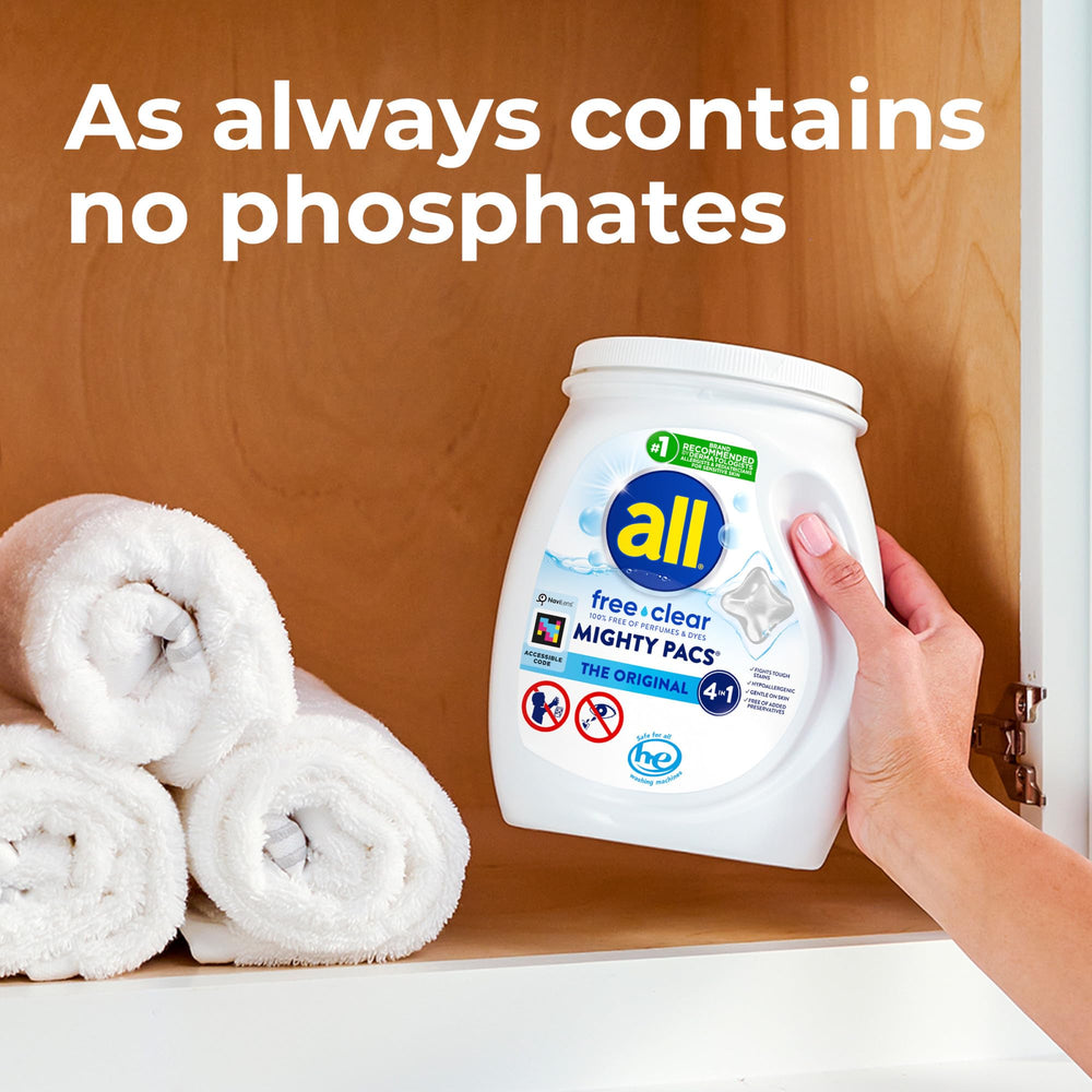 All Free Clear Mighty Pacs 80-count tub highlights convenient laundry pods.