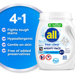Close-up of All Free Clear Mighty Pacs highlighting unscented, dye-free cleaning power.