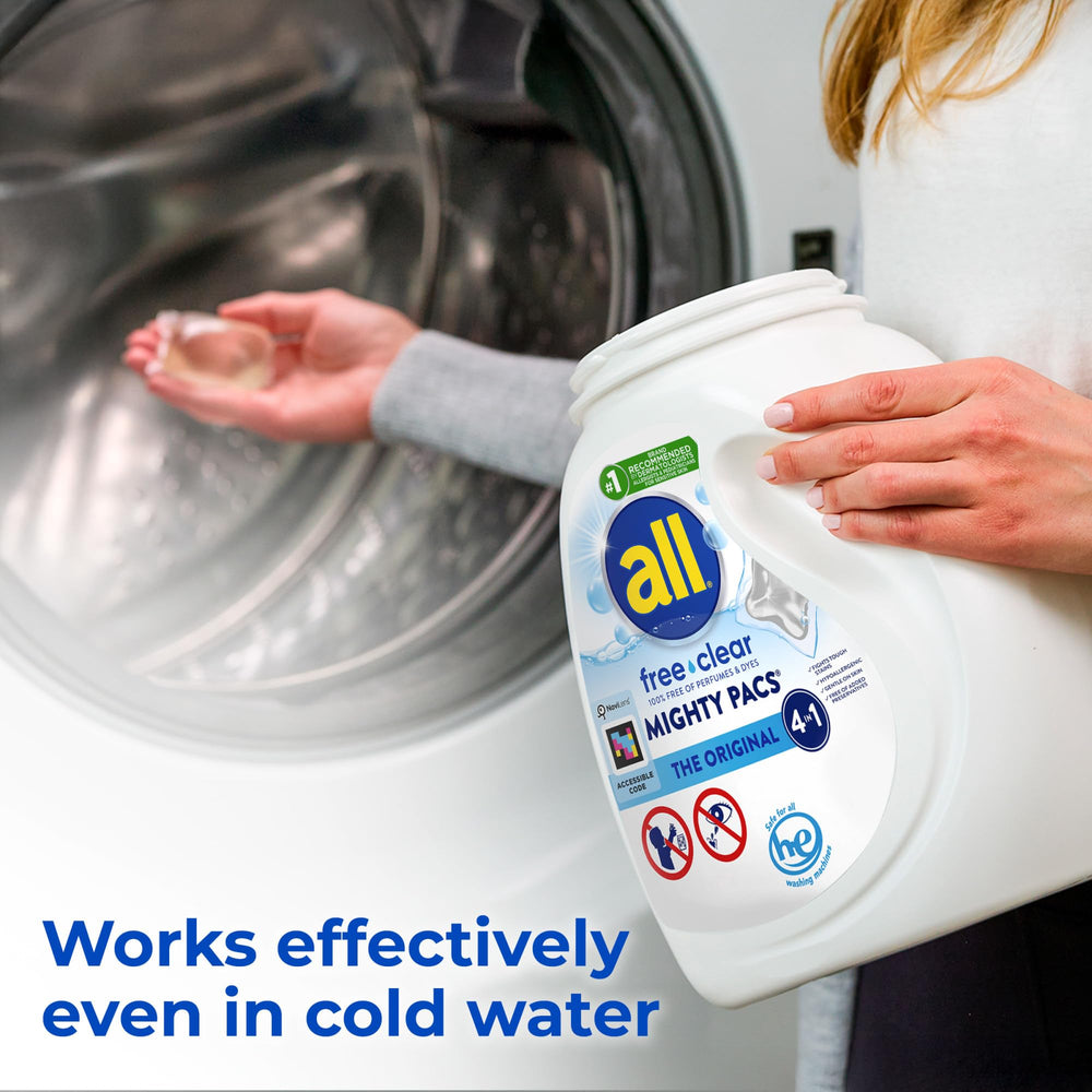 Dryer-ready All Free Clear Pacs with softener to reduce static and improve feel.