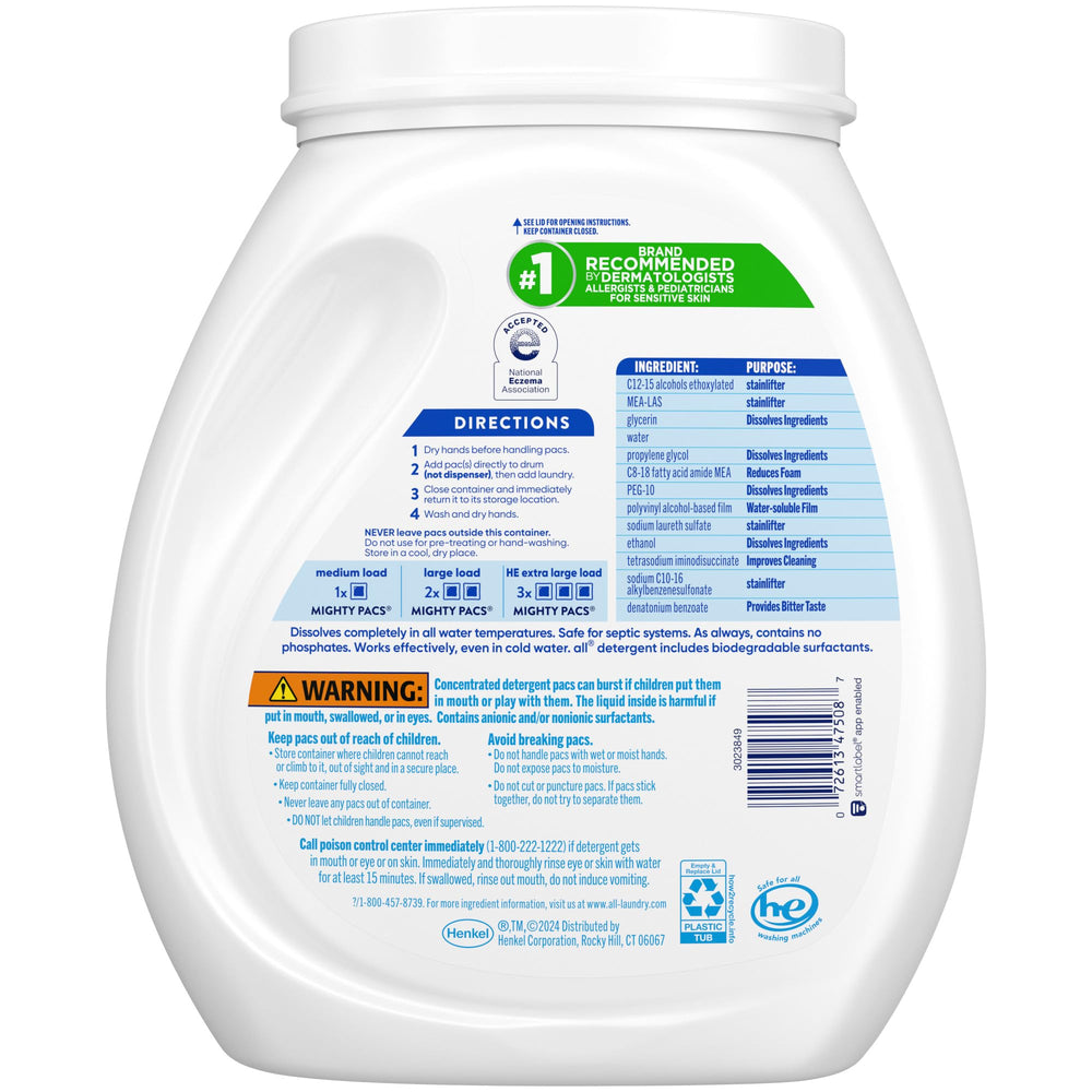 All Free Clear Mighty Pacs hypoallergenic formula supports sensitive skin.