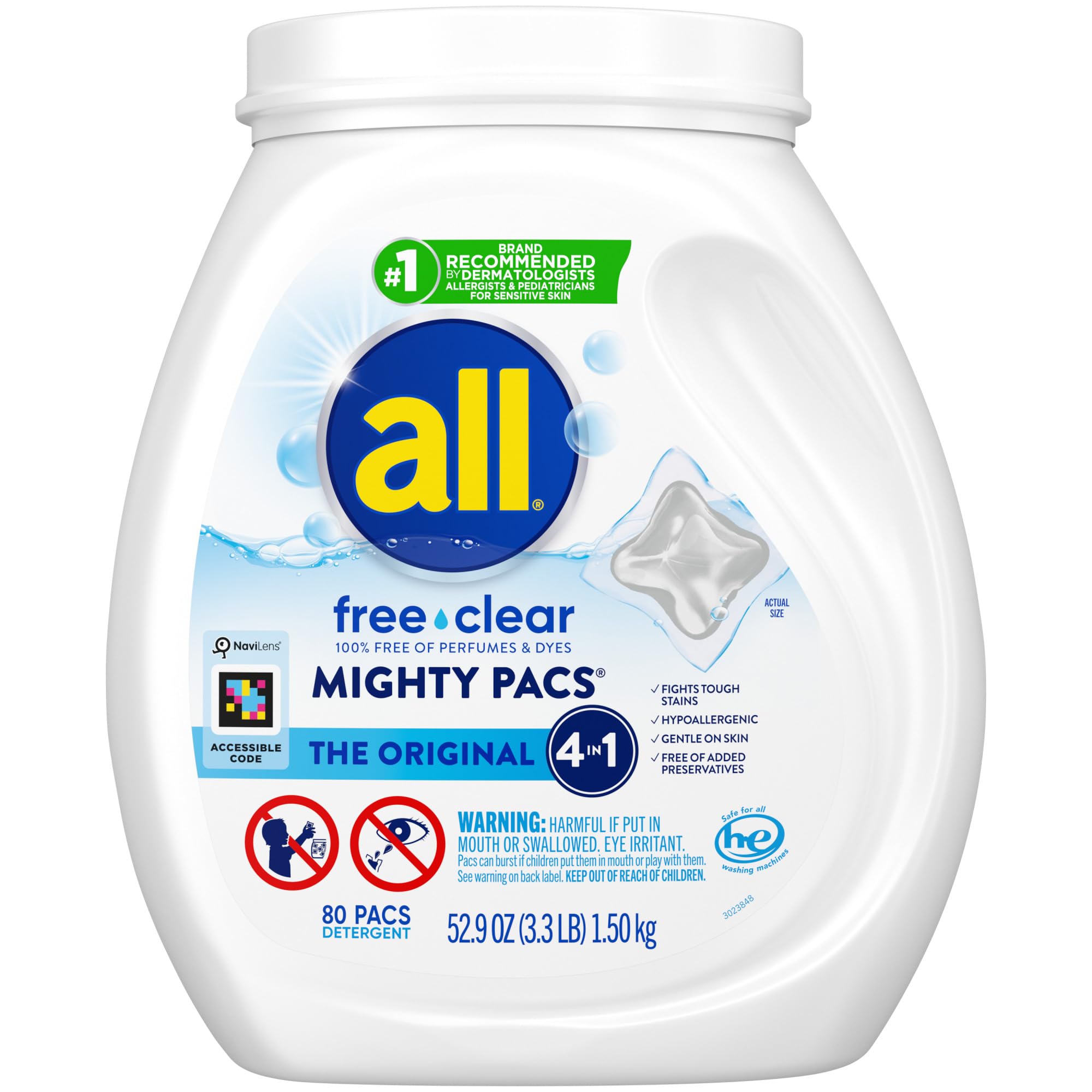 All Free Clear Mighty Pacs pack shot showing fragrance-free, hypoallergenic pods.