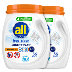 All Free Clear Mighty Pacs packaging, convenient tub for sensitive-skin laundry.