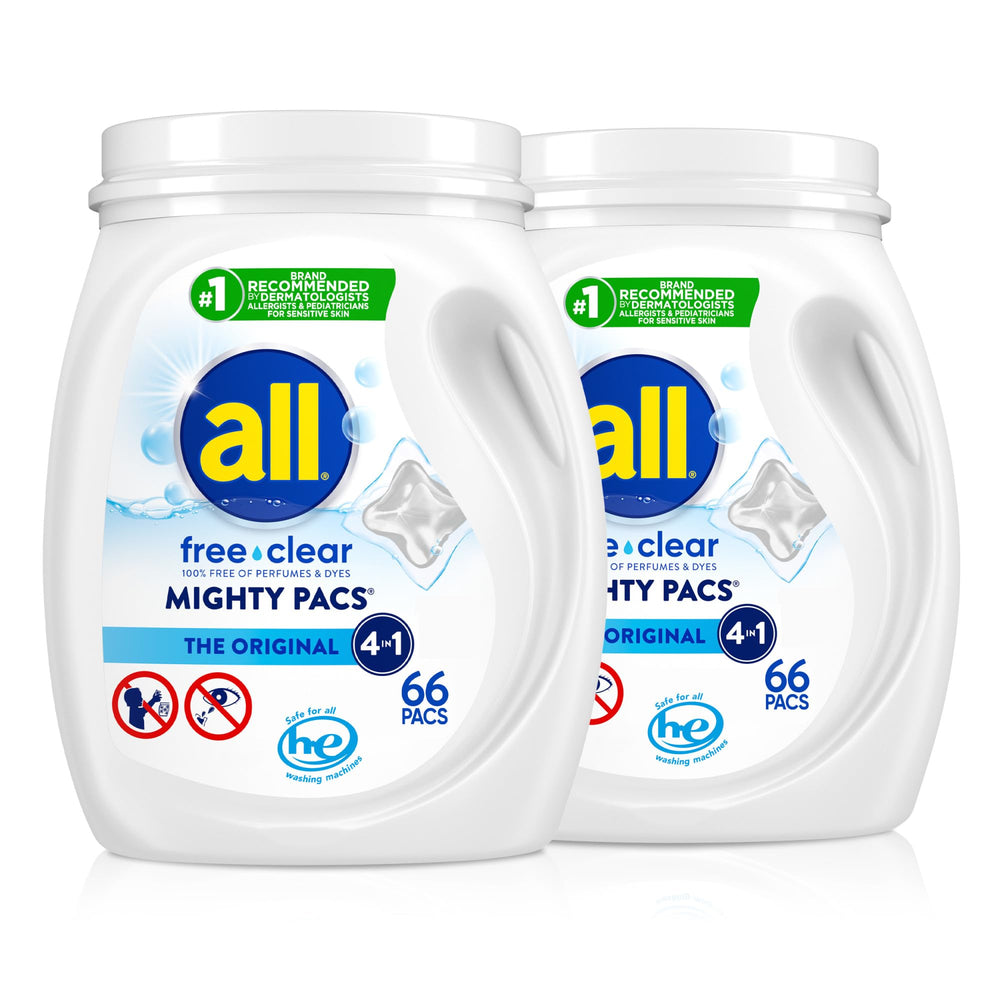 This image shows an All Free Clear Mighty Pacs tub for sensitive-skin laundry.