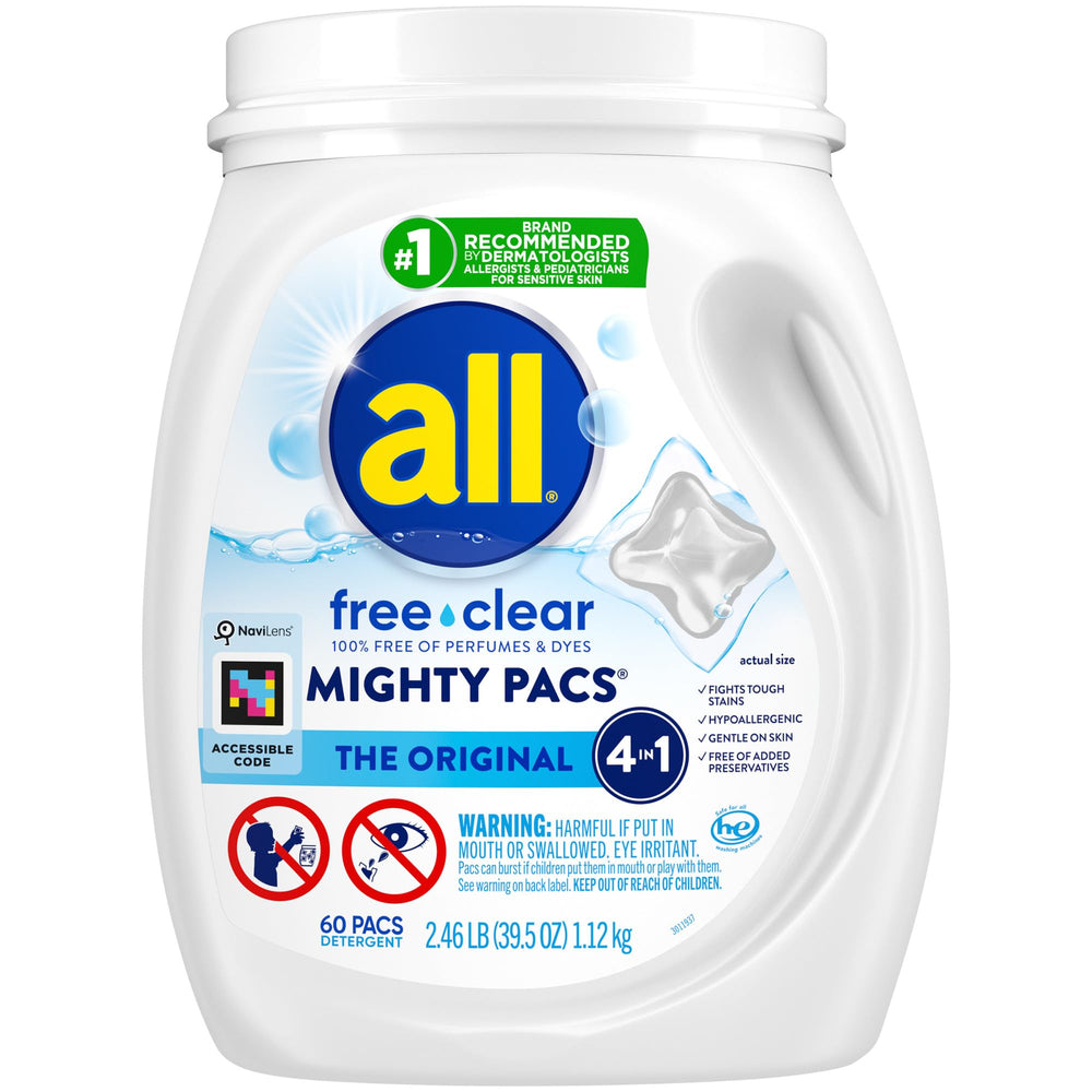 All Free Clear Mighty Pacs tub illustrates fragrance-free formula for sensitive skin.