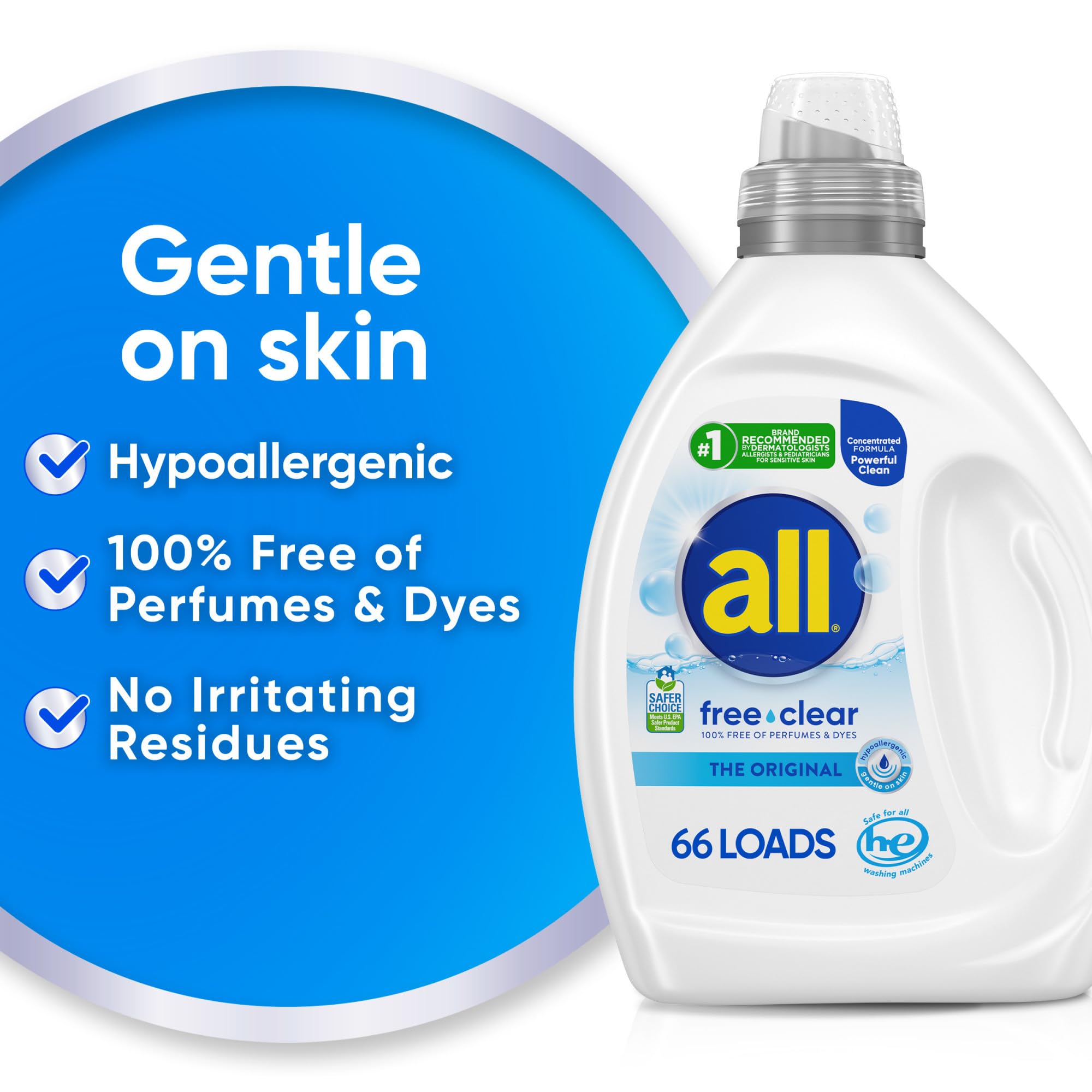 All Free Clear Original label close-up highlighting fragrance-free, dye-free formulation.