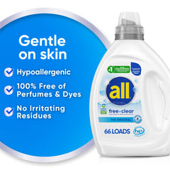 All Free Clear Original label close-up highlighting fragrance-free, dye-free formulation.