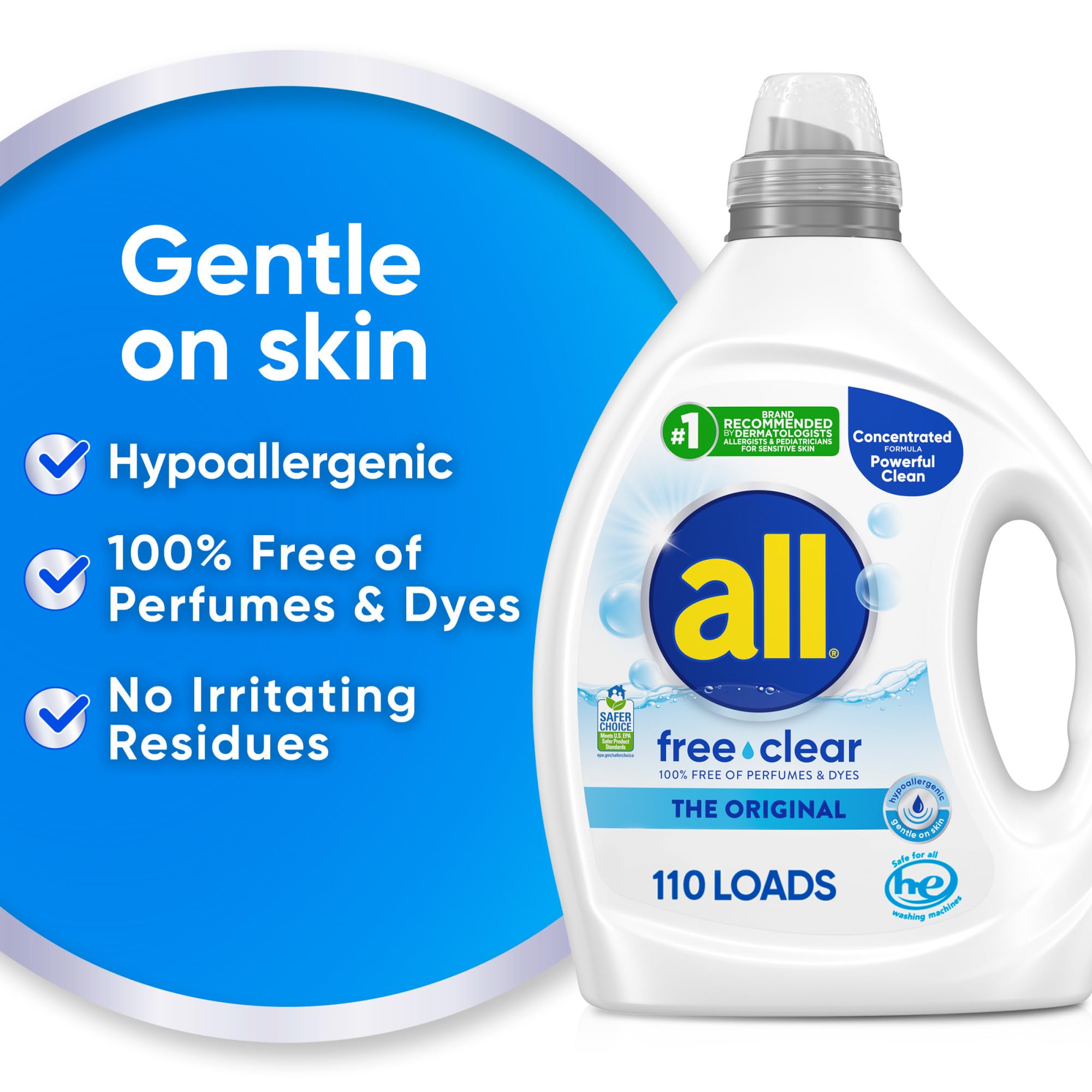 All free clear Original label closeup highlights fragrance-free, gentle-clean design.