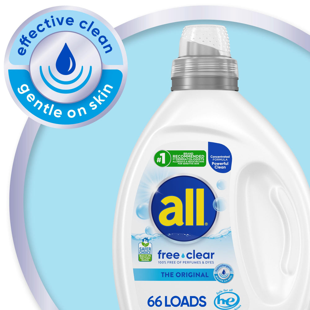 All Free Clear Original bottle pouring demonstrates hypoallergenic cleansing for everyday laundry.