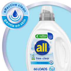All Free Clear Original bottle pouring demonstrates hypoallergenic cleansing for everyday laundry.